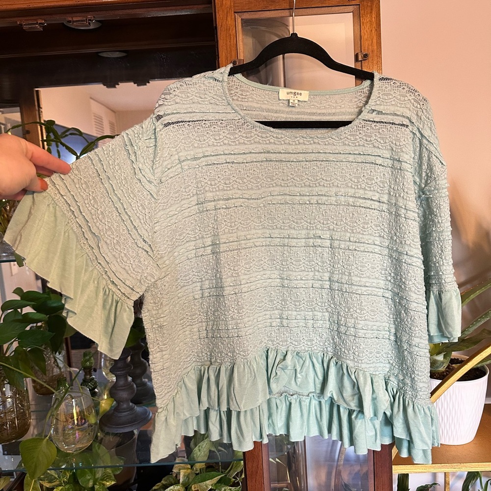 Umgee Light Green Ruffle Blouse